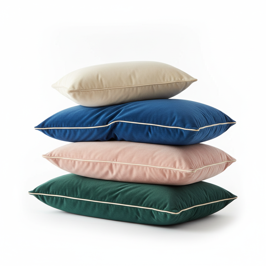 Velvet throw pillows stacked at angles showing sizes