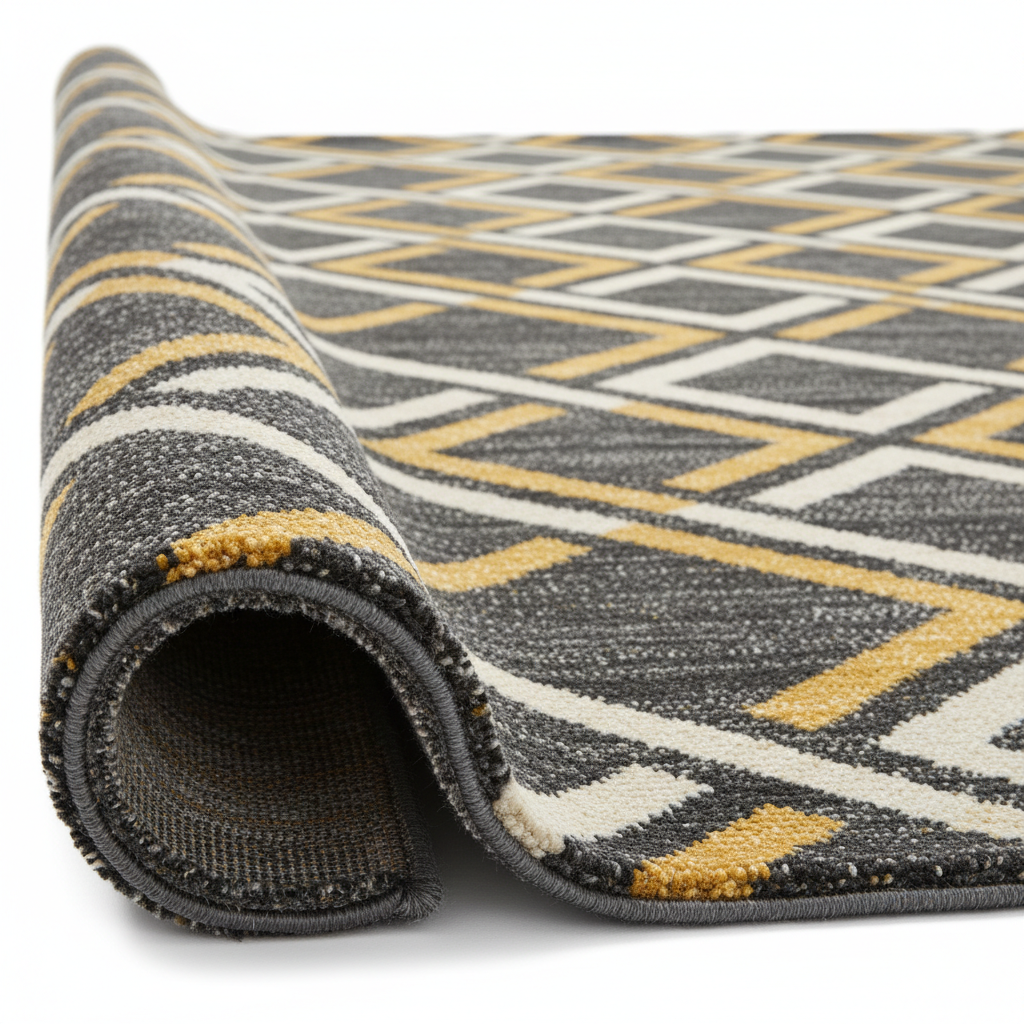 Area rug partially rolled showing thickness and profile