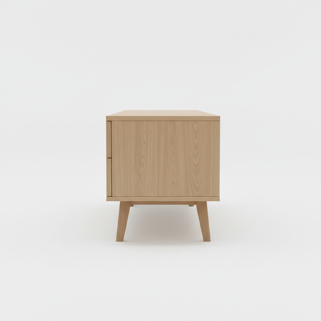 TV console side profile showing slim depth and tapered legs