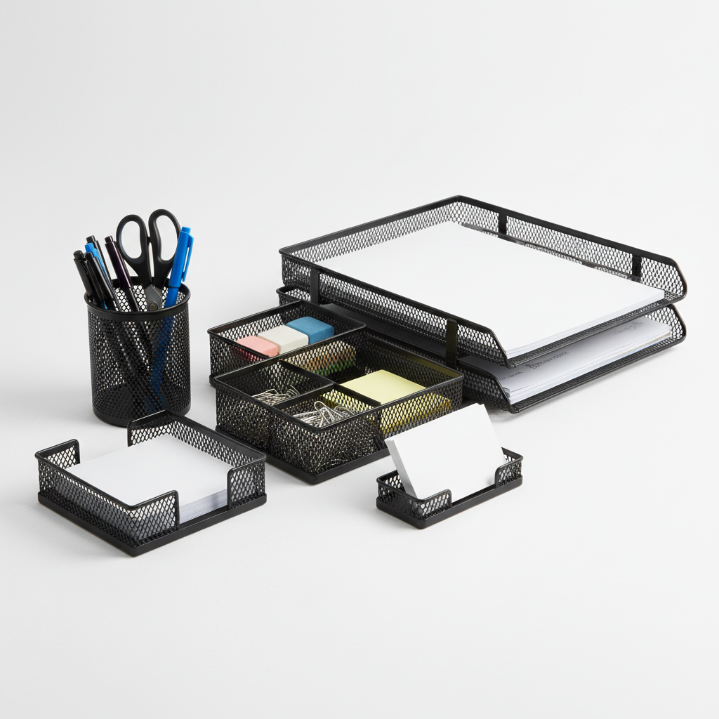 Mesh desk organizer 3/4 angle with pens and papers