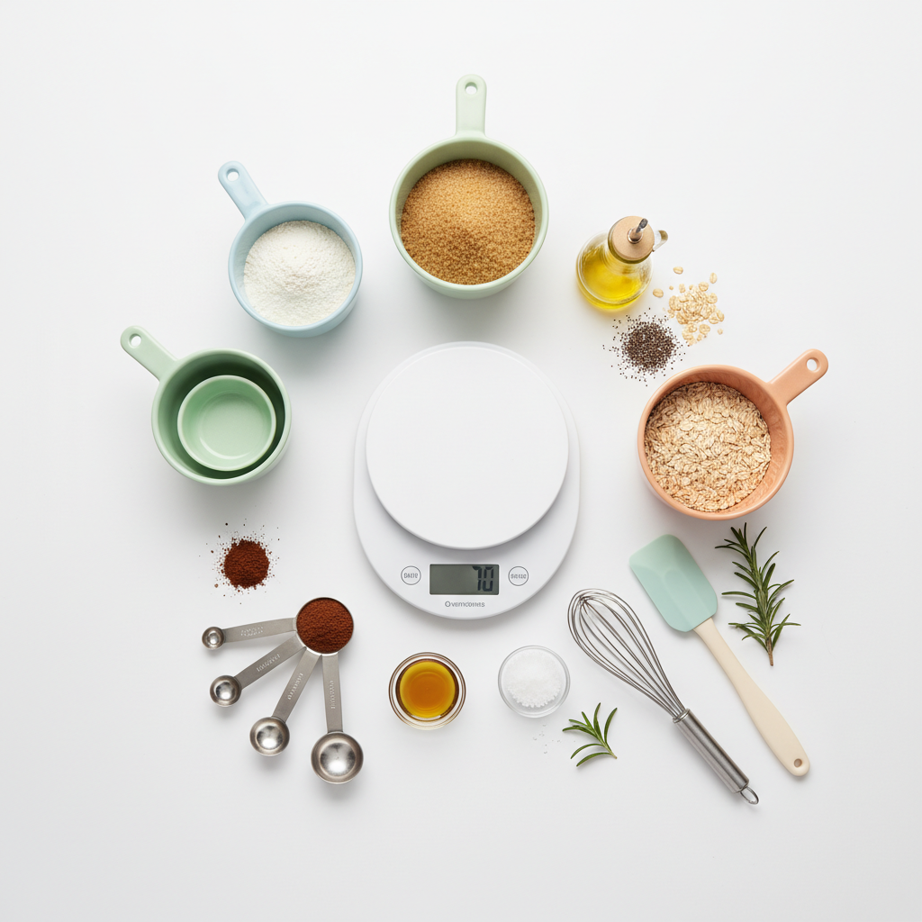 Kitchen scale flat lay with ingredients
