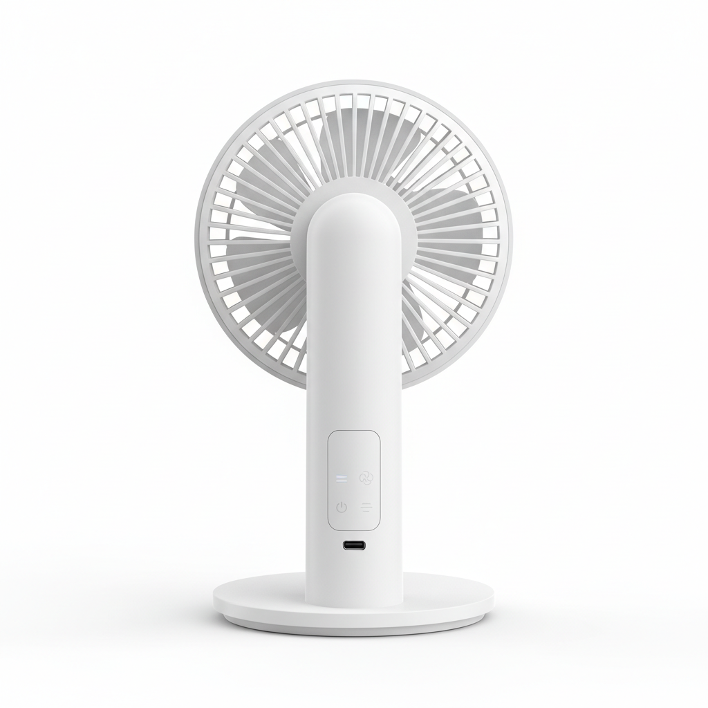 Touch screen desk fan back view showing USB port and base